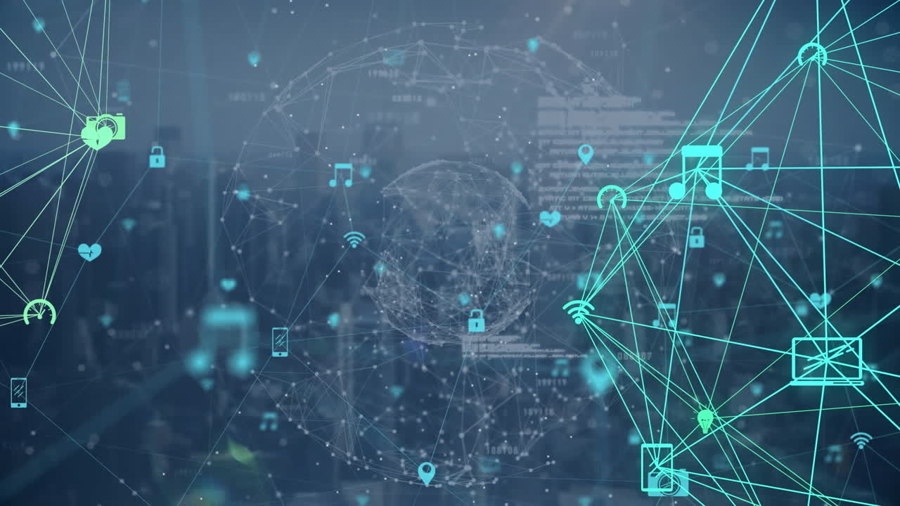 globo de iconos digitales contra el paisaje urbano