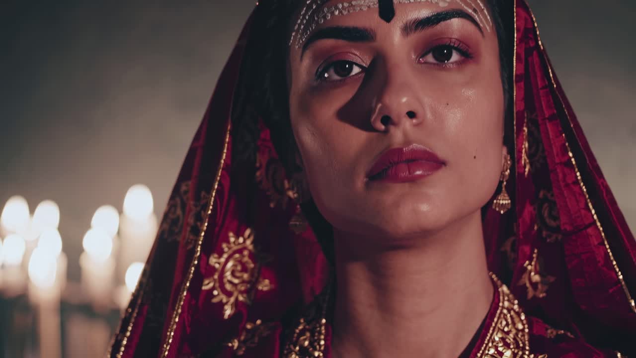 Close up of a woman wearing a luxurious red velvet dress with intricate gold embroidery, suggesting a ceremonial or traditional garment, possibly during a cultural event