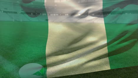 animation of waving flag of nigeria over stadium with rugby ball