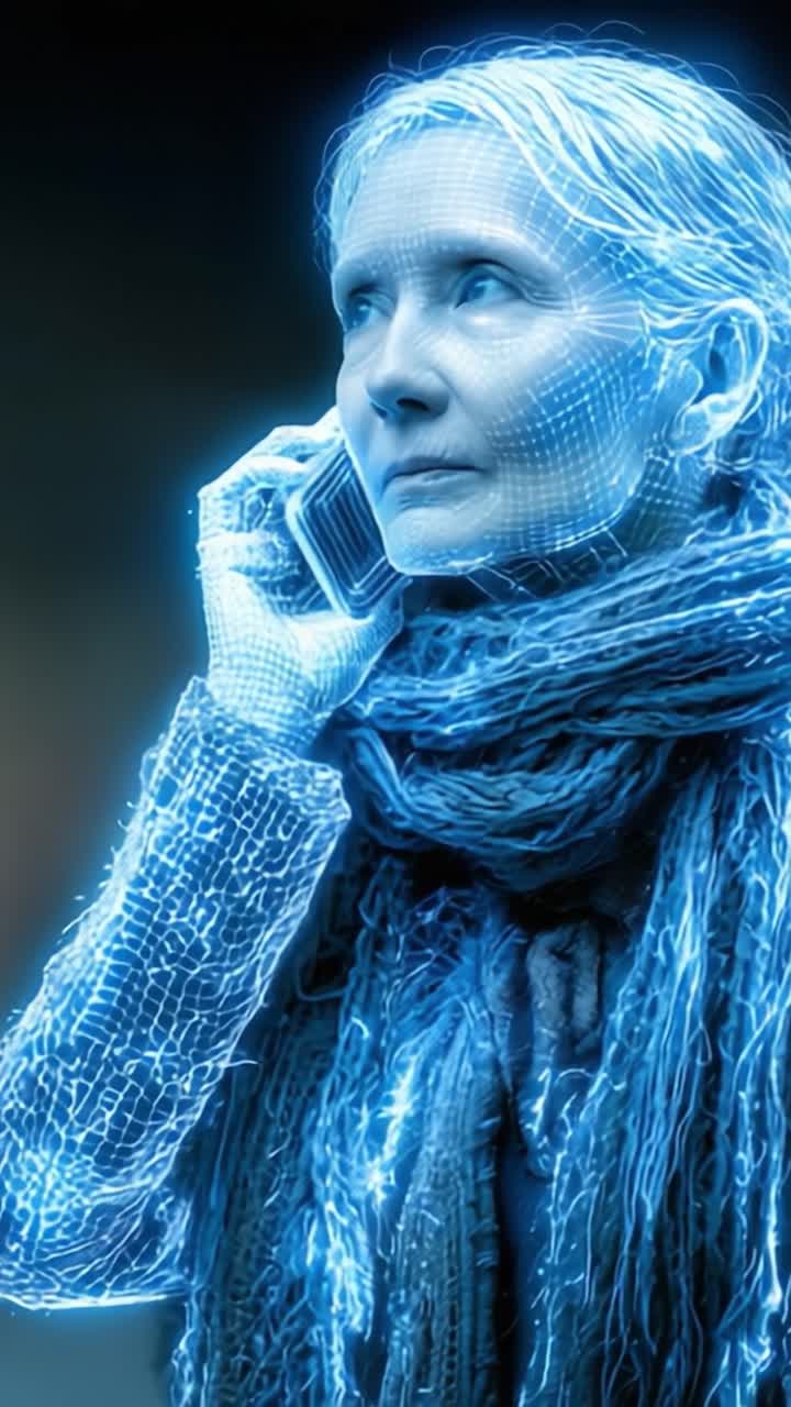 Un'esperienza digitale eterea: una donna impegnata in una telefonata, circondata da un affascinante bagliore blu, che mostra l'intersezione tra tecnologia e umanità.