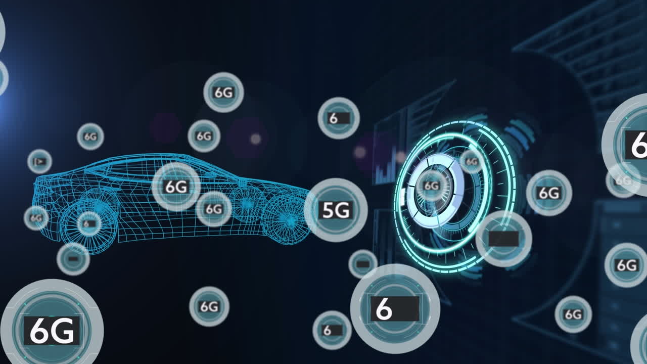 검은 바탕에 디지털 자동차와 범위 스캐닝을 통해 6g 텍스트의 애니메이션