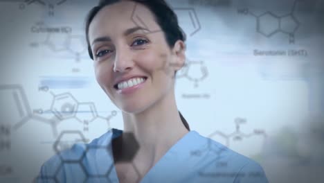 primer plano de una mujer y productos químicos que se unen