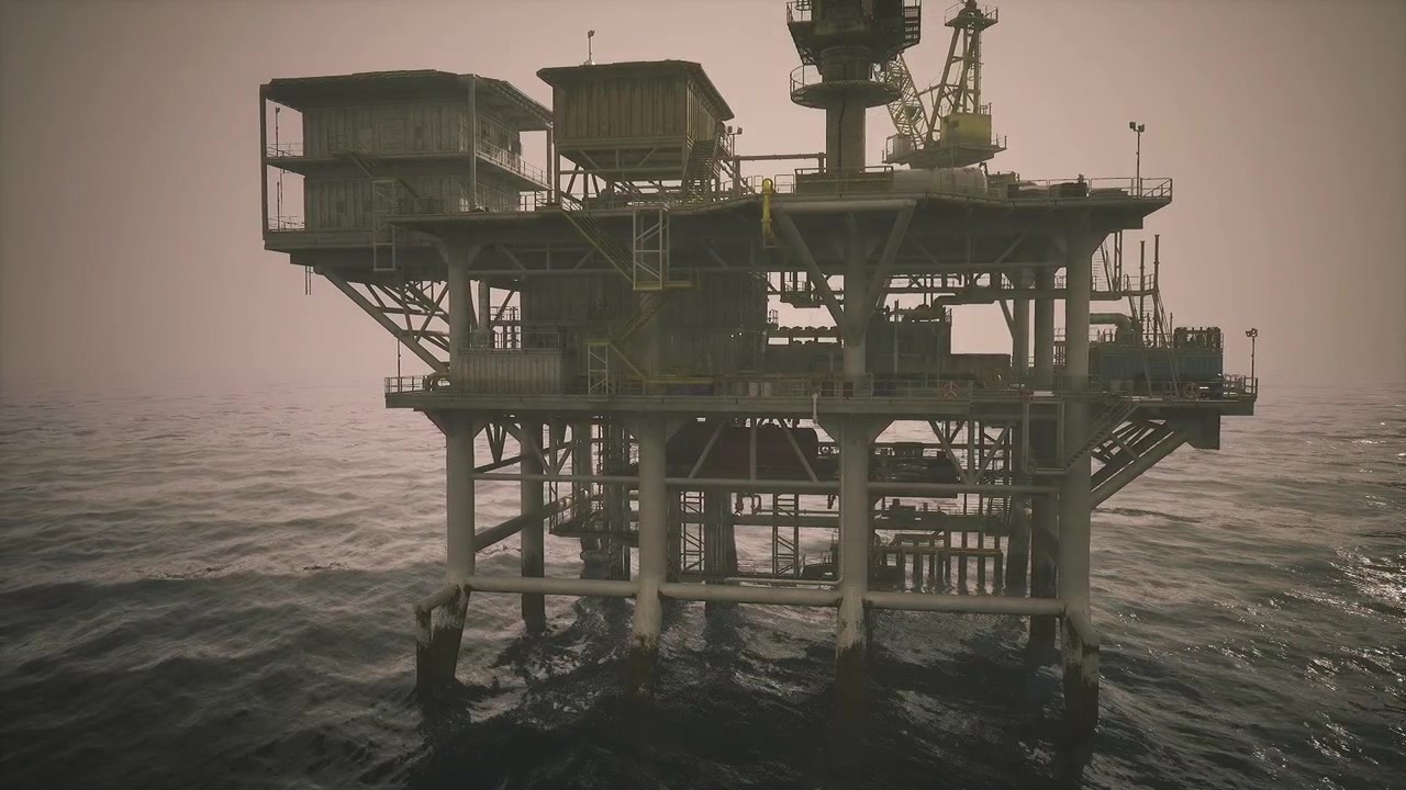 Luminous oil rig surface displaying tools and pathways designed for repairs