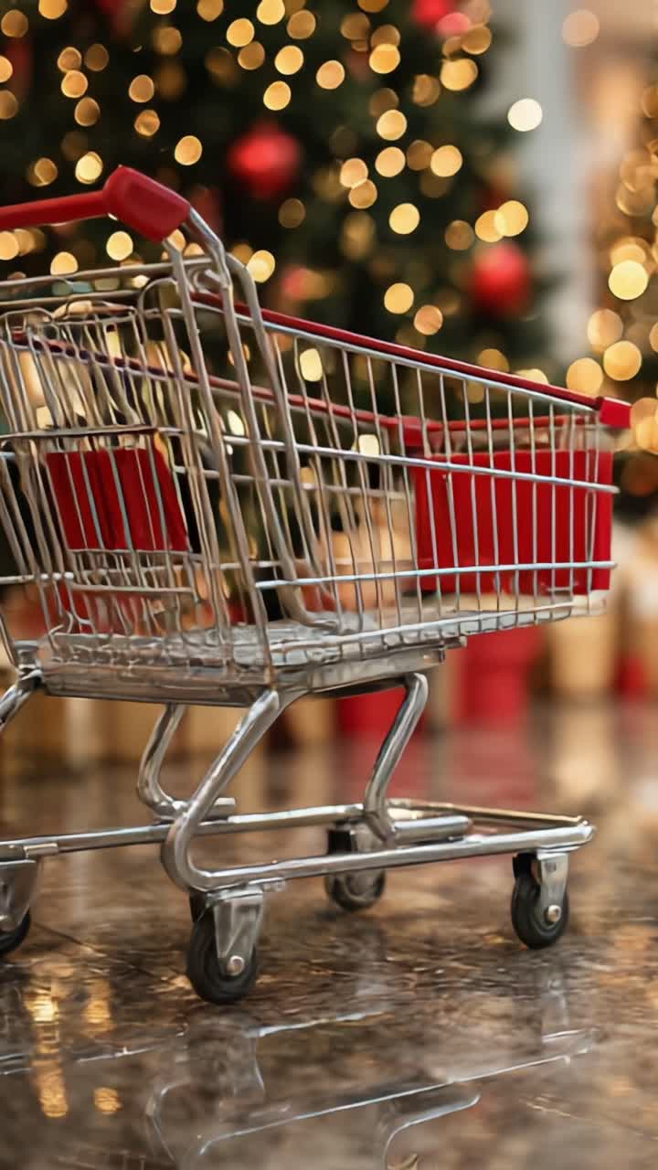Un carrello della spesa mozzafiato, pronto per gli acquisti delle feste, immerso in un'atmosfera festosa fatta di luci brillanti e decorazioni stupende, perfetto per avventure di shopping stagionali