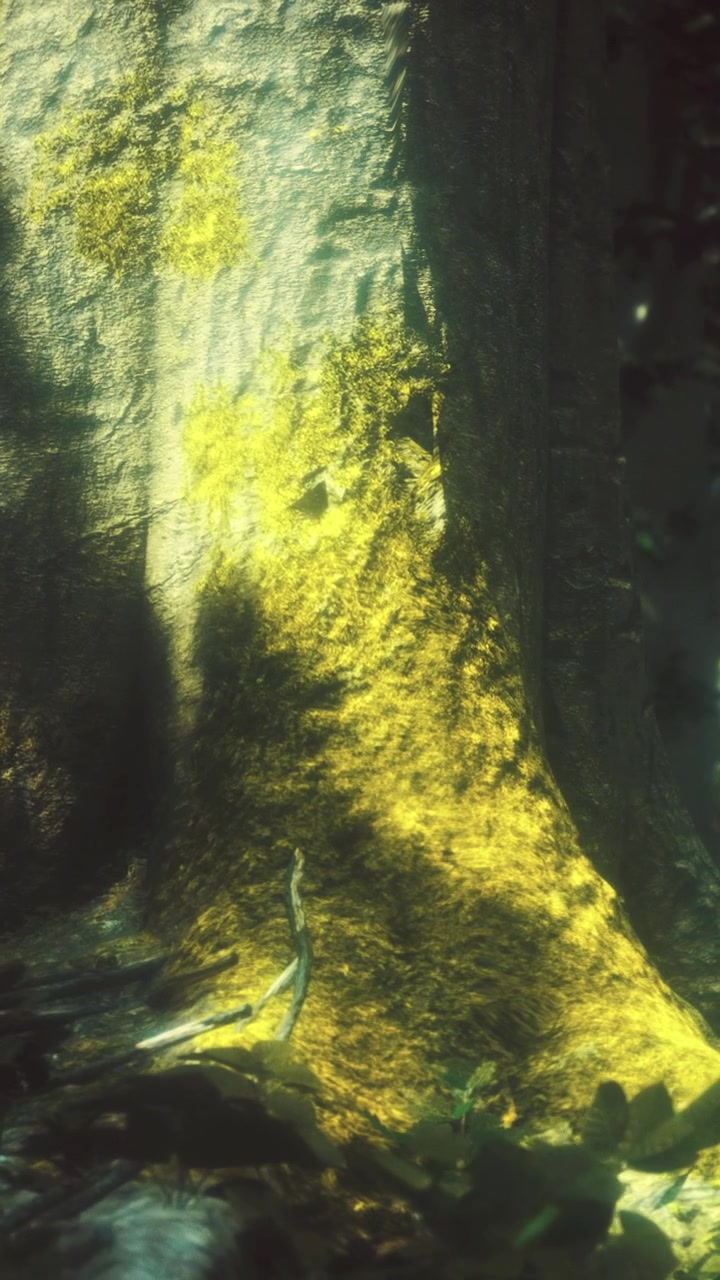 Raggi di sole sulla corteccia di un albero con muschio in una foresta, di giorno.
