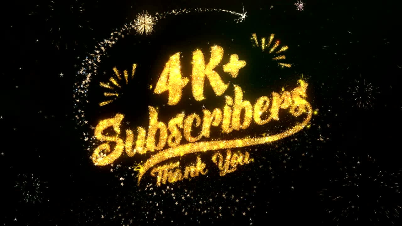 4k 가입자 인사 및 소원 카드는 반이는 입자 및 반이는 빛이 어두운 밤 하늘과 다채로운 불꽃놀이 4k 배경으로 만들어집니다.