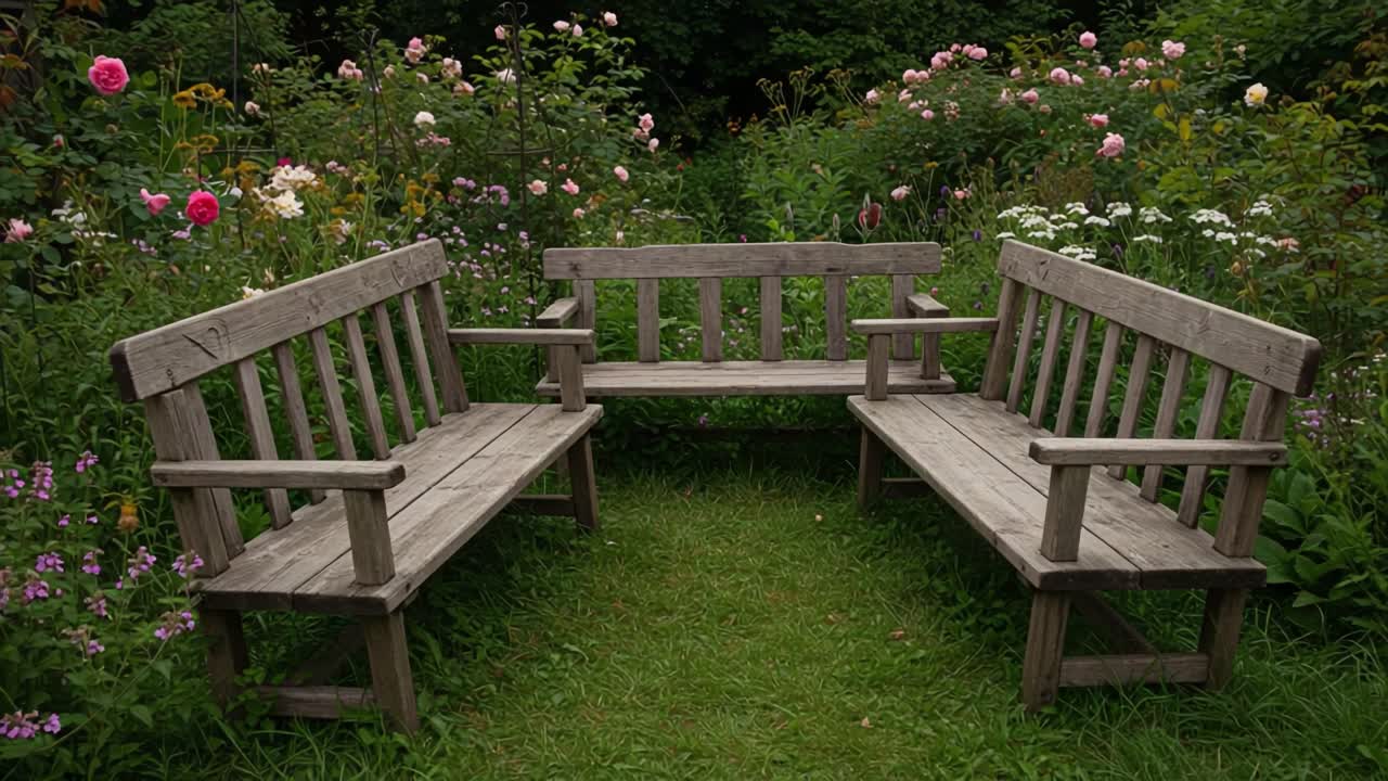 A Serene Garden Retreat: Rustic Wooden Benches Surrounded by Lush Flowers and Vibrant Greenery, Perfect for Relaxation and Nature Appreciation