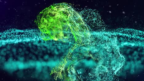 animation of green and blue particles over glowing dot landscape moving on black background