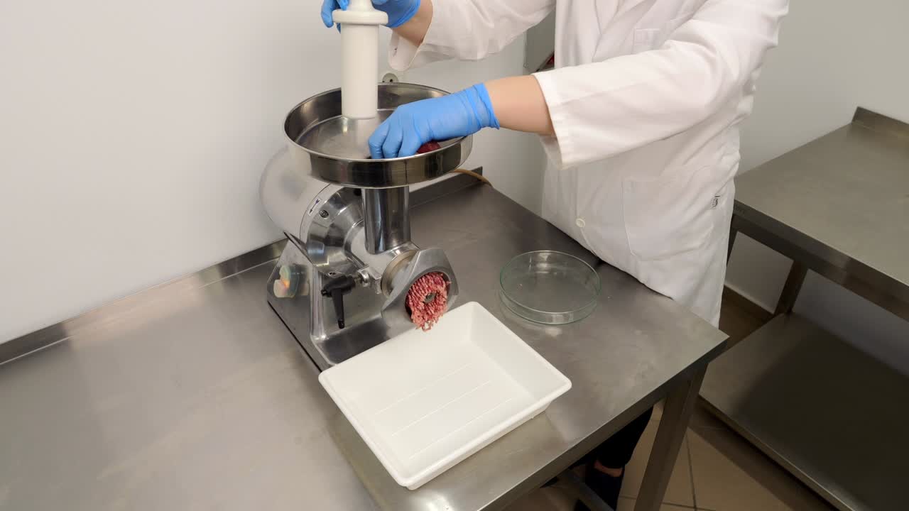 Macinazione di carne di manzo in un tritacarne a macinatura fine