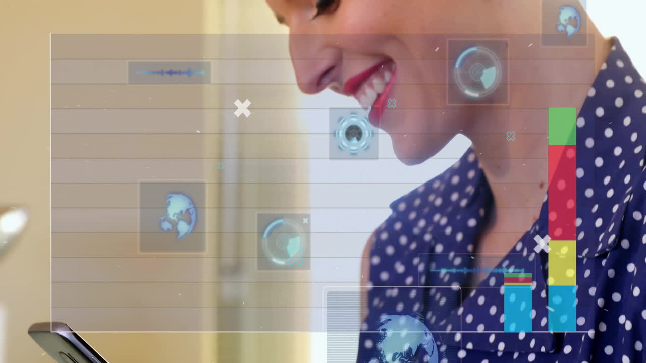 animación de diagramas y procesamiento de datos sobre mujer caucásica usando teléfono inteligente