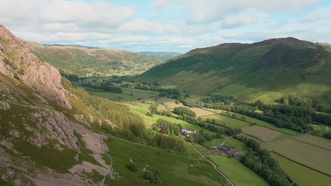The Great Langdale Valley In Summer With Pan Showing Wider Valley And Surrounding Fells. Summer. Lake District, Cumbria, UK