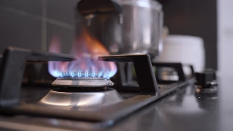 man hand starting the gas burner for cooking dinner, blue flames