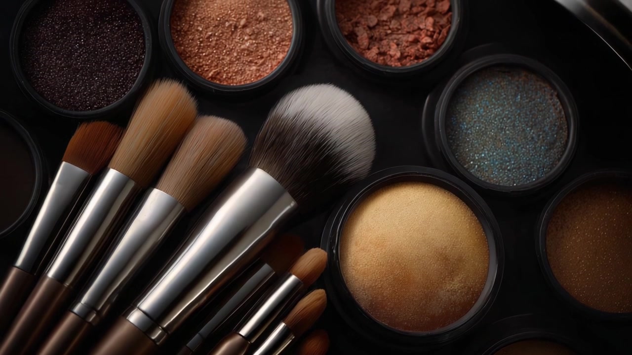 A Beautiful Collection of Makeup Brushes and Cosmetics in Two Frames, Showcasing Vibrant Colors and Textures of Shimmery Eyeshadows and Face Powders