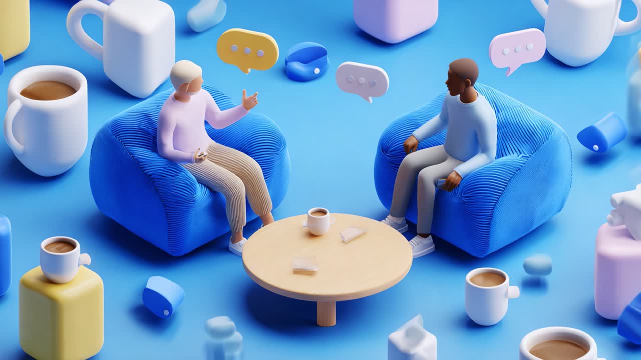 Two animated characters engaged in a conversation, surrounded by colorful 3D objects and coffee cups, highlighting a casual discussion in a vibrant setting
