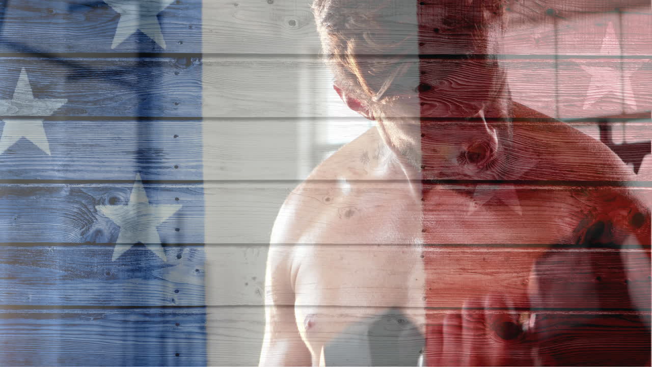 French flag with stars showing attractive shirtless man working out