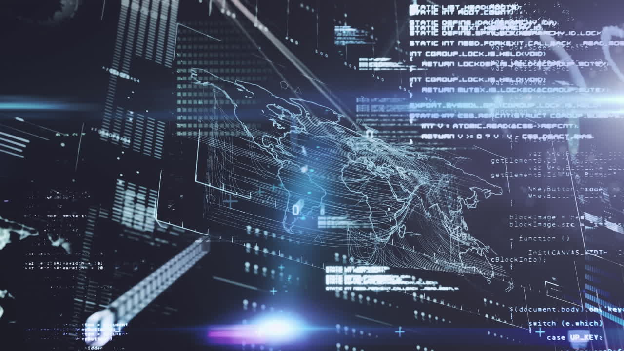 어두운 파란색 배경 위에 세계 지도와 데이터 처리의 애니메이션