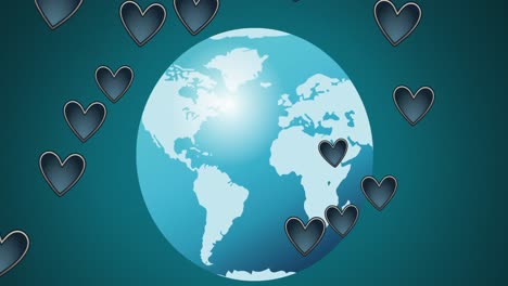 Animation-of-hearts-and-globe-on-green-background