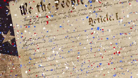 animation of red and blue confetti falling over american flag