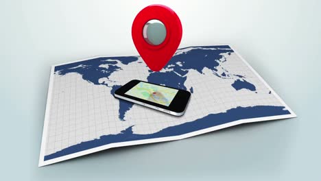 Rote-Markierung,-Die-Auf-Ein-Mobiltelefon-Auf-Einer-Weltkarte-Mit-Blendenfleck-Zeigt