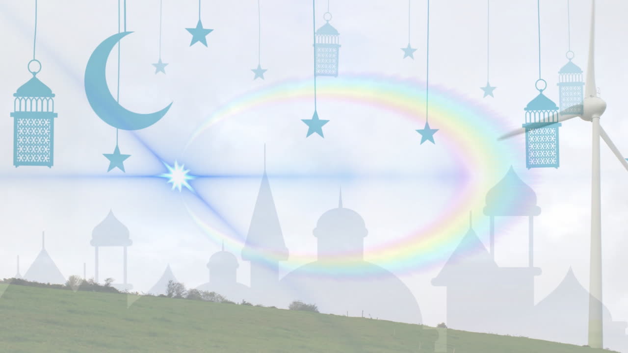 Crescent moon and lanterns animation over landscape with wind turbine and rainbow