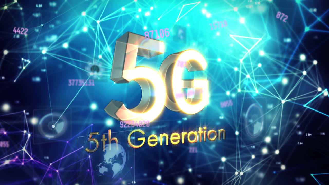 animazione di testo di quinta generazione 5g su elaborazione dei dati su sfondo nero.