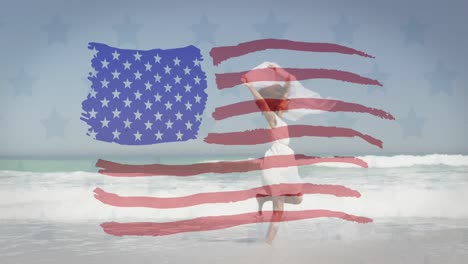 American-flag-waving-against-african-american-woman-with-scarf-running-on-the-beach