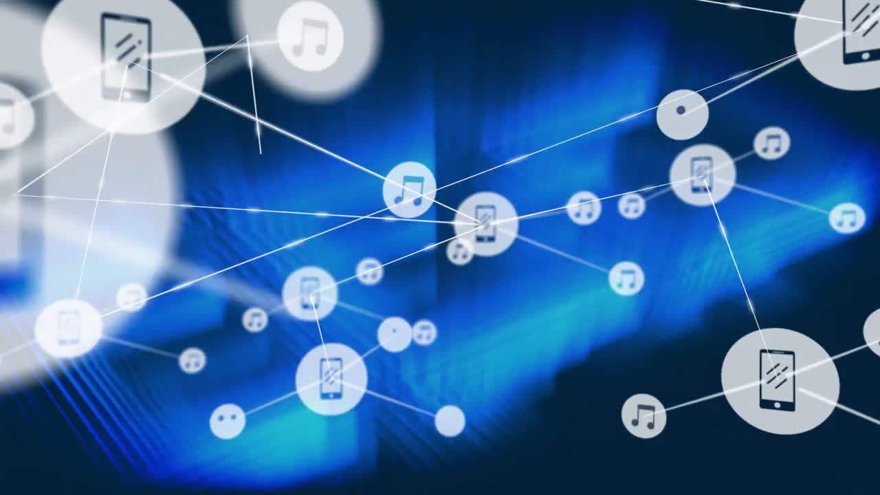 검은색 배경에 파란색 빛 트레일 위에 디지털 아이콘 네트워크의 애니메이션