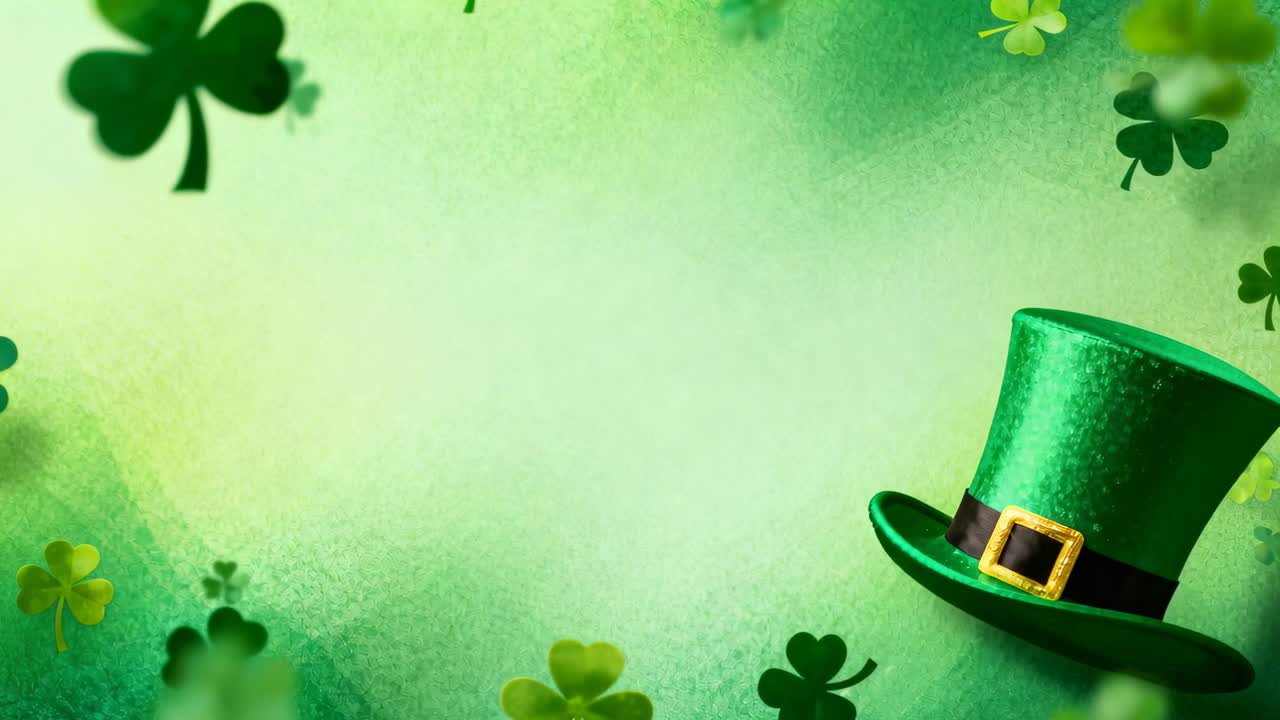 Frames starting top hat rotating in St Patricks theme clovers drifting revealing hat, copy space