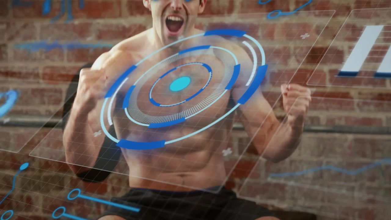 Modello fitness afferra un manubrio iniziando un curl su panca, con un HUD blu rotante che mostra dati biometrici.