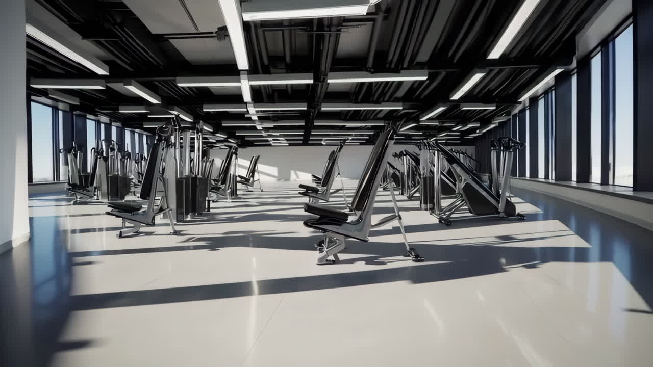 Empty Modern Gym Interior with Exercise Machines and Large Windows