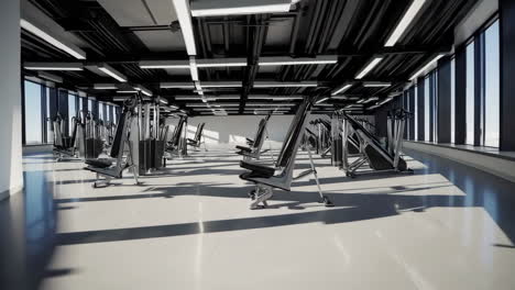 empty modern gym interior with exercise machines and large windows