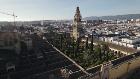 drone pov de la mezquita islámica y la catedral católica de córdoba en españa