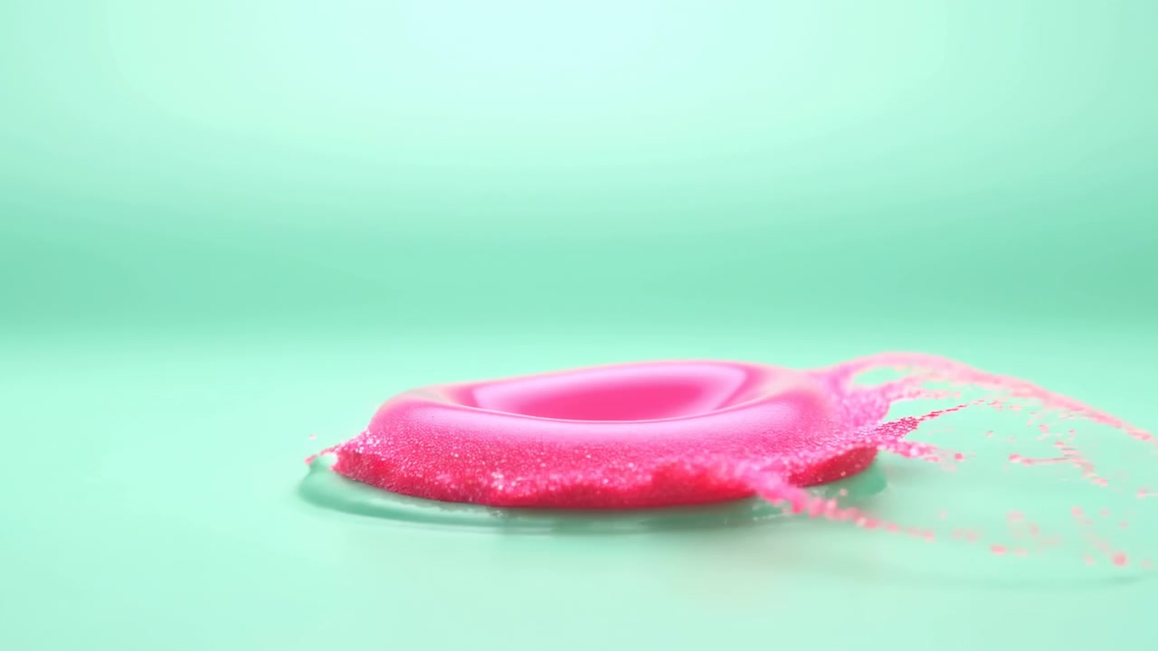 Glossy Pink Sphere Impacts Mint Surface, Sudden Flattening With Spray Of Fine Pink Powder, Dynamic Ripples