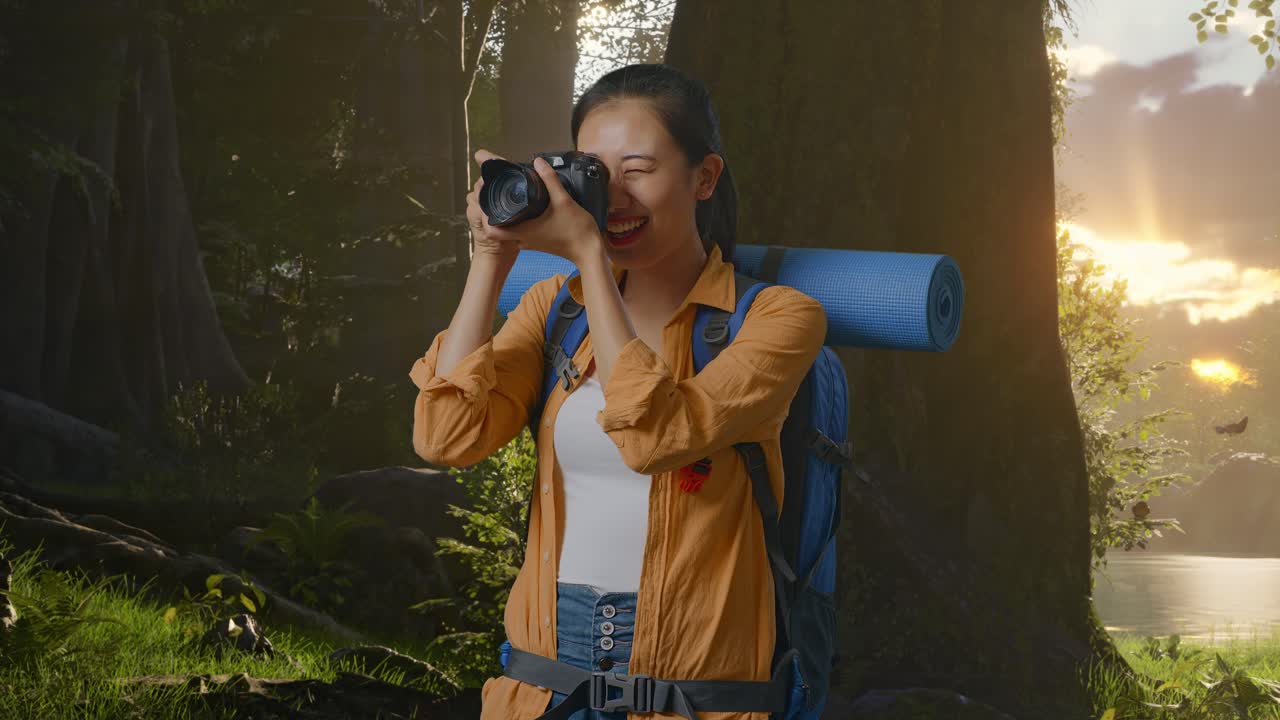 excursionista femenina asiática con mochila de montañismo usando una cámara tomando fotos mientras explora la naturaleza del bosque