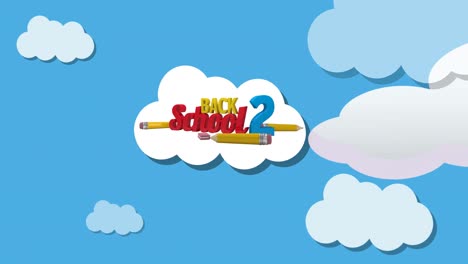 Animation-Einer-Rakete,-Die-über-Bunte-Back-2-Schultexte-Und-Bleistifte-Auf-Einer-Wolke-Am-Blauen-Himmel-Fliegt