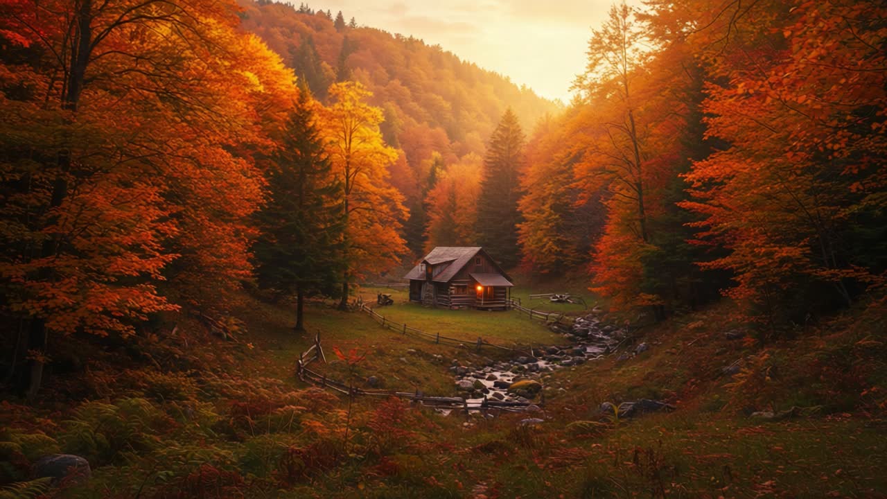 A tranquil autumn landscape showcasing a cozy cabin nestled among vibrant orange and yellow trees, framed by a serene stream and a golden sunset glow enhancing the picturesque scene