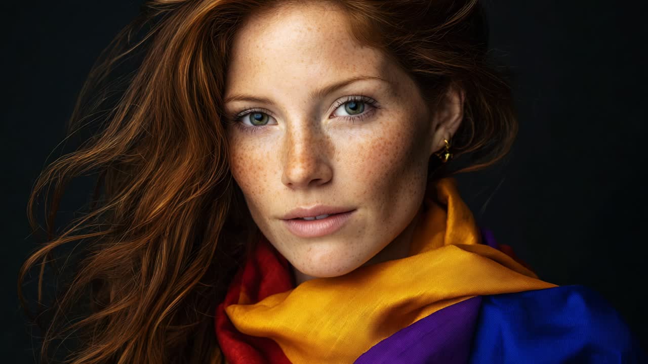 Portrait of a red-haired woman with freckles