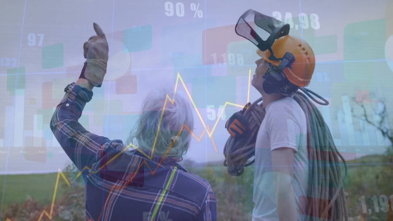 Female farm worker pointing skyward while male tech holding hose, showing floating finance charts