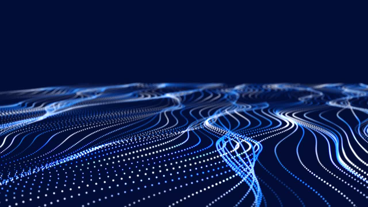 Abstract flow of luminous particles on dark background. Movement of colored dots. Big data visualization. 3D rendering. Seamless loop. 4k