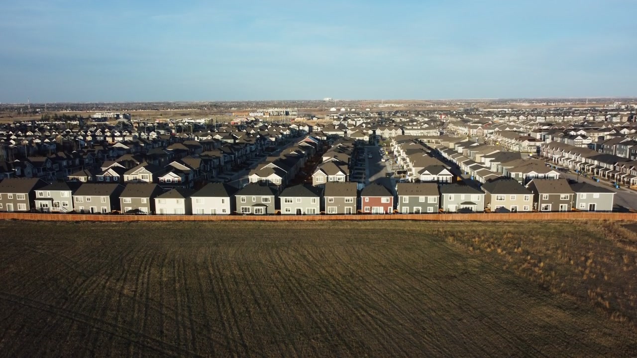 Rising drone shot revealing Yorkville community in Calgary