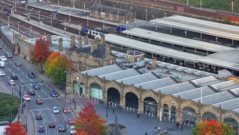 Close-up-drone-shot-Sheffield-train-station-building-in-North-England