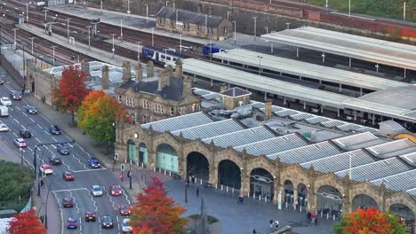 close up drone shot sheffield train station building in north england