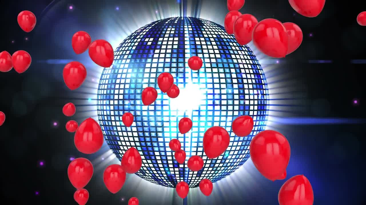 animación de globos flotando sobre una bola de espejo giratoria