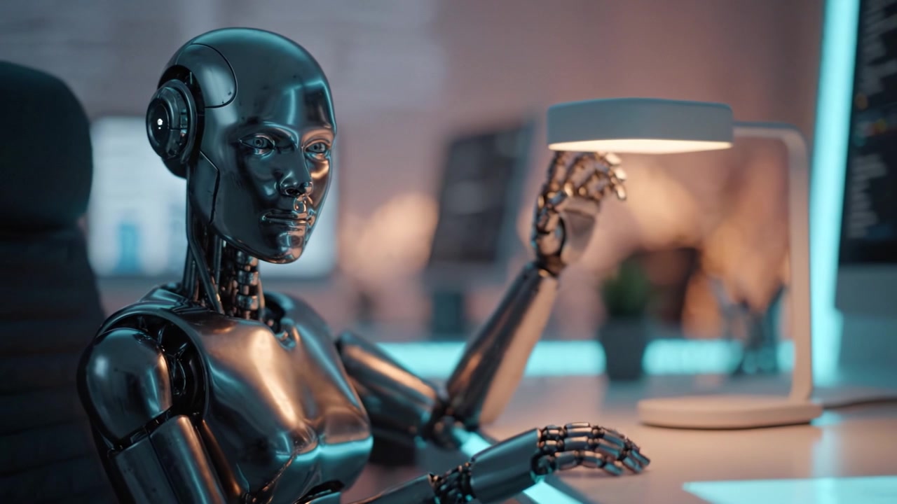 Assistente robotico che interagisce con una lampada da scrivania in un ambiente di lavoro futuristico, evidenziando la tecnologia AI avanzata e le dinamiche di interazione uomo-robot