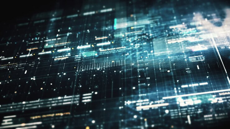 Advance data matrix, telemetry and encrypt numbers simulation user interface display in cyber space abstract de-focus environment background