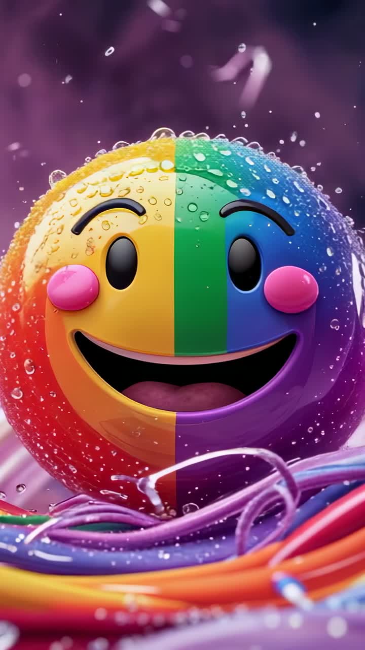 Vertical video: Rendering rainbow sphere rotating on stage, droplets sliding and wires shifting