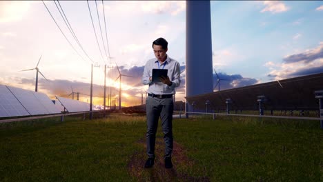 full body of an asian male professional worker standing with his tablet with solar panel and wind turbines, typing and dissapionted with nodding his head