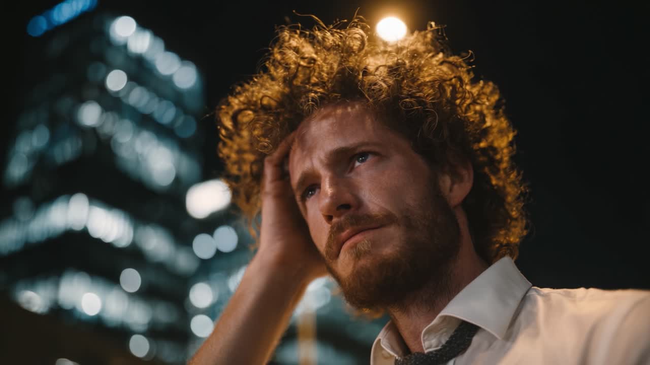 Una riflessione emotiva: un uomo pensieroso con capelli spettinati guarda attentamente mentre è circondato dalle luci notturne della città e da uno sfondo urbano sfocato.