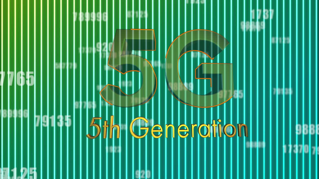 5g 애니메이션은 녹색에서 파란색의 배경에서 진화하는 텍스트와 글로벌 연결을 보여줍니다.