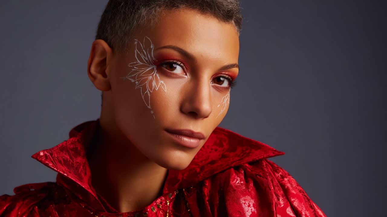 A Stunning Portrait of a Model Wearing a Red Extravagant Outfit with Elaborate Face Makeup, Capturing Beauty and Artistry in a Striking Visual Presentation